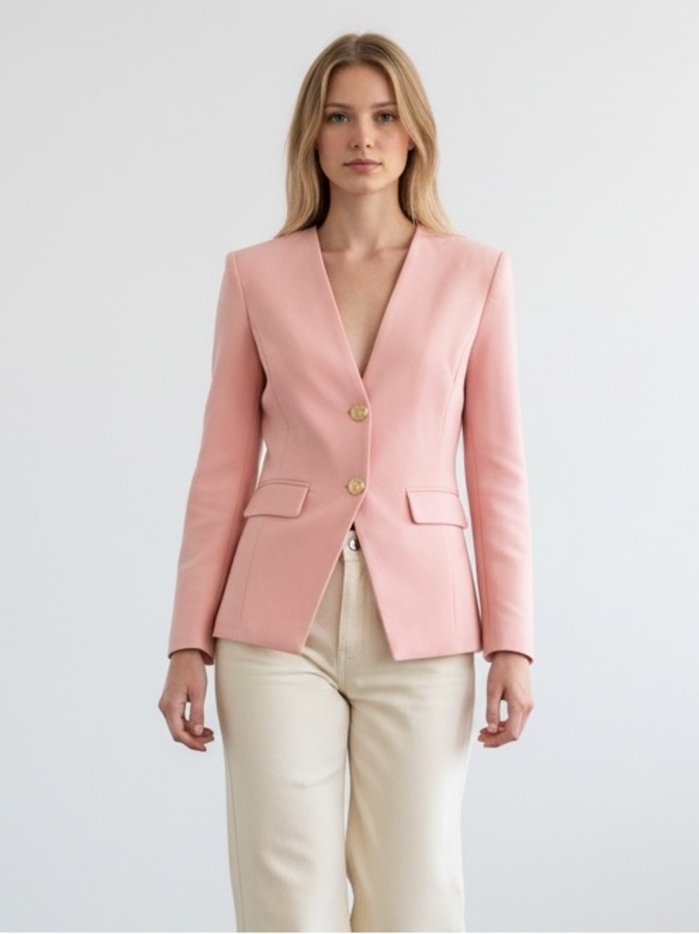 1317 • Pink Scuba V Neck Collarless Gold  Lion Button Stretch Blazer Jacket